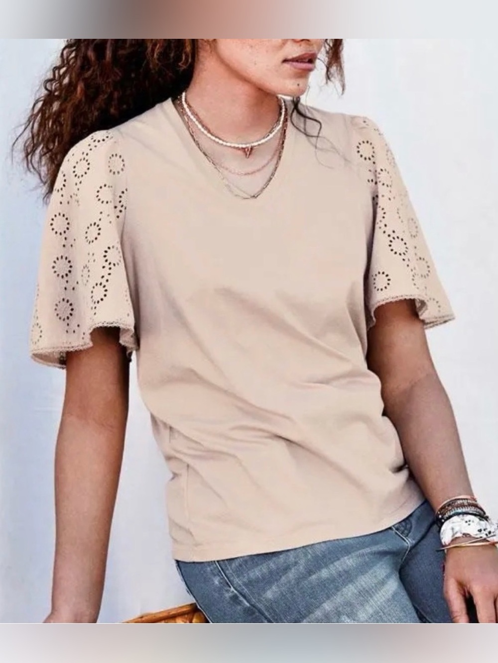 Good Hart by Matilda Jane XXL “Barton Tee” Eyelet, Flutter SleevesTee - Beige